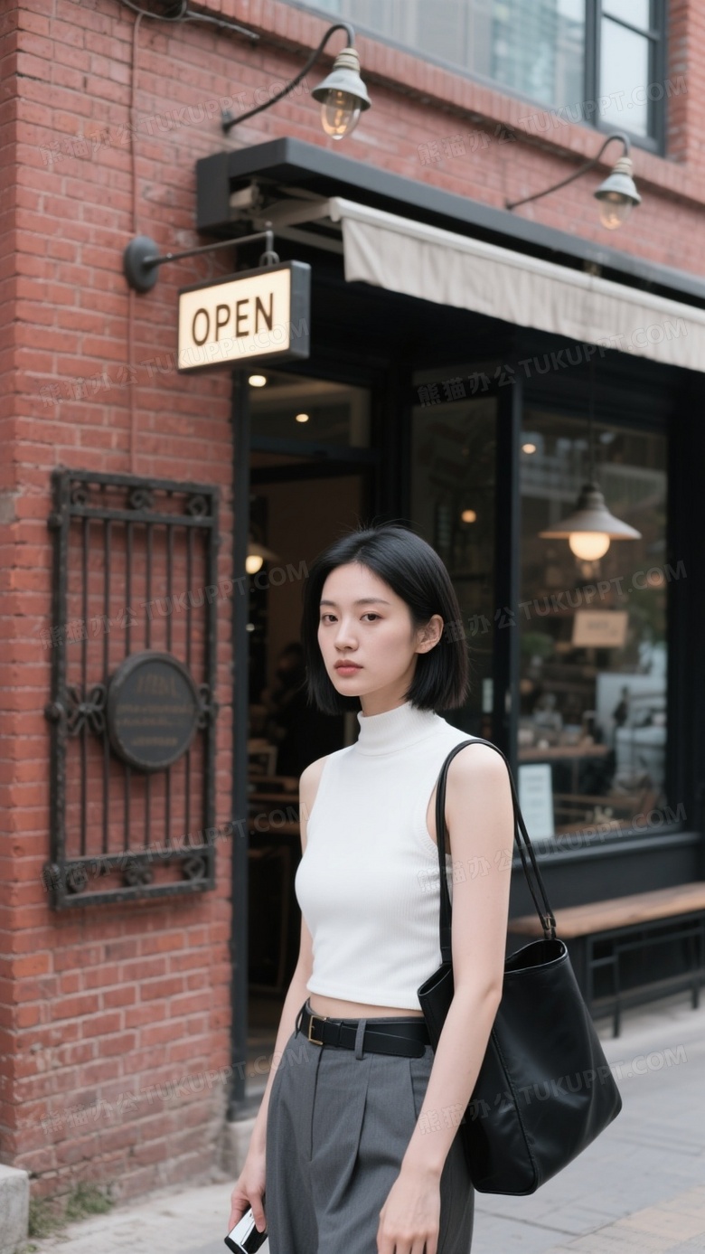 环境为户外店铺门前红砖墙搭配铁艺装饰