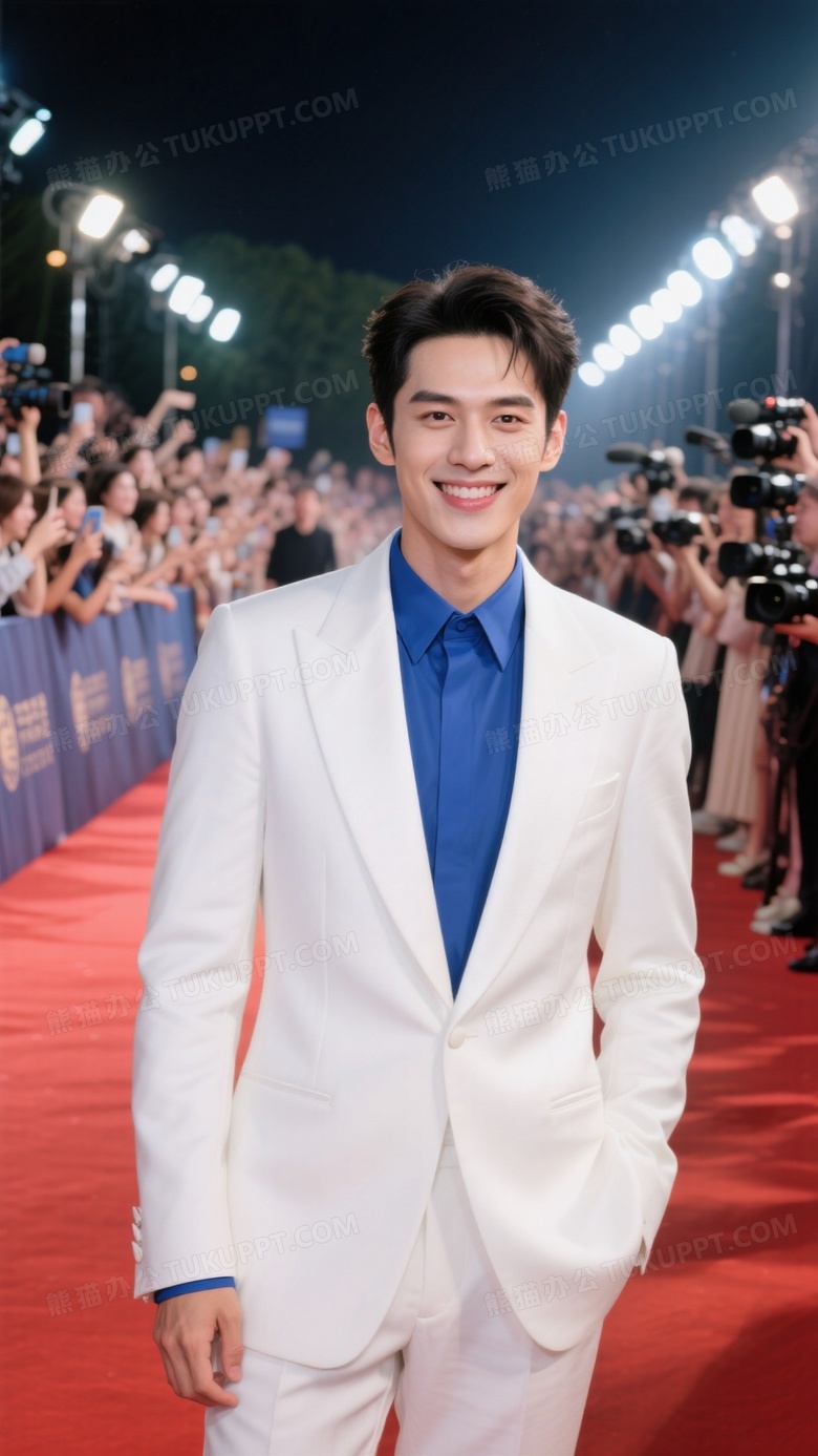 电影节红毯现场年轻帅气男明星身穿白色礼服