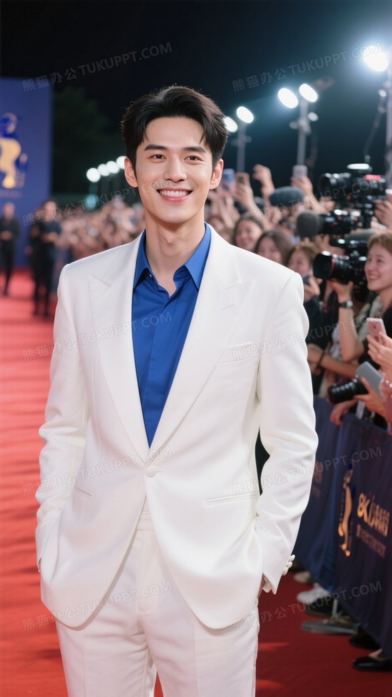 电影节红毯现场年轻帅气男明星身穿白色礼服