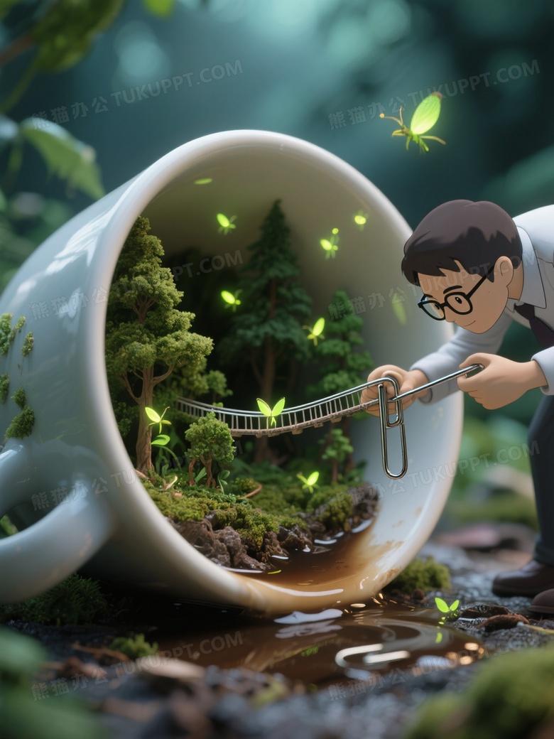 [微距摄影][奇幻场景]打翻的咖啡杯中长出微型森林