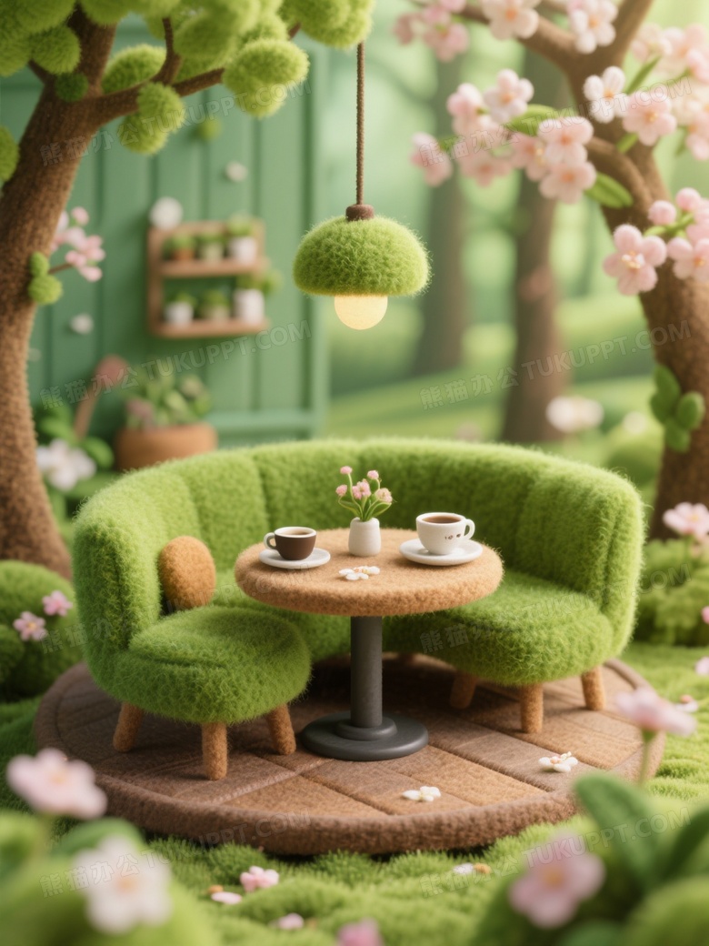 毛毡风格春天的森林咖啡馆