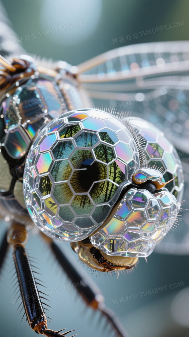 超现实微距摄影蜻蜓头部晶体化透明结构