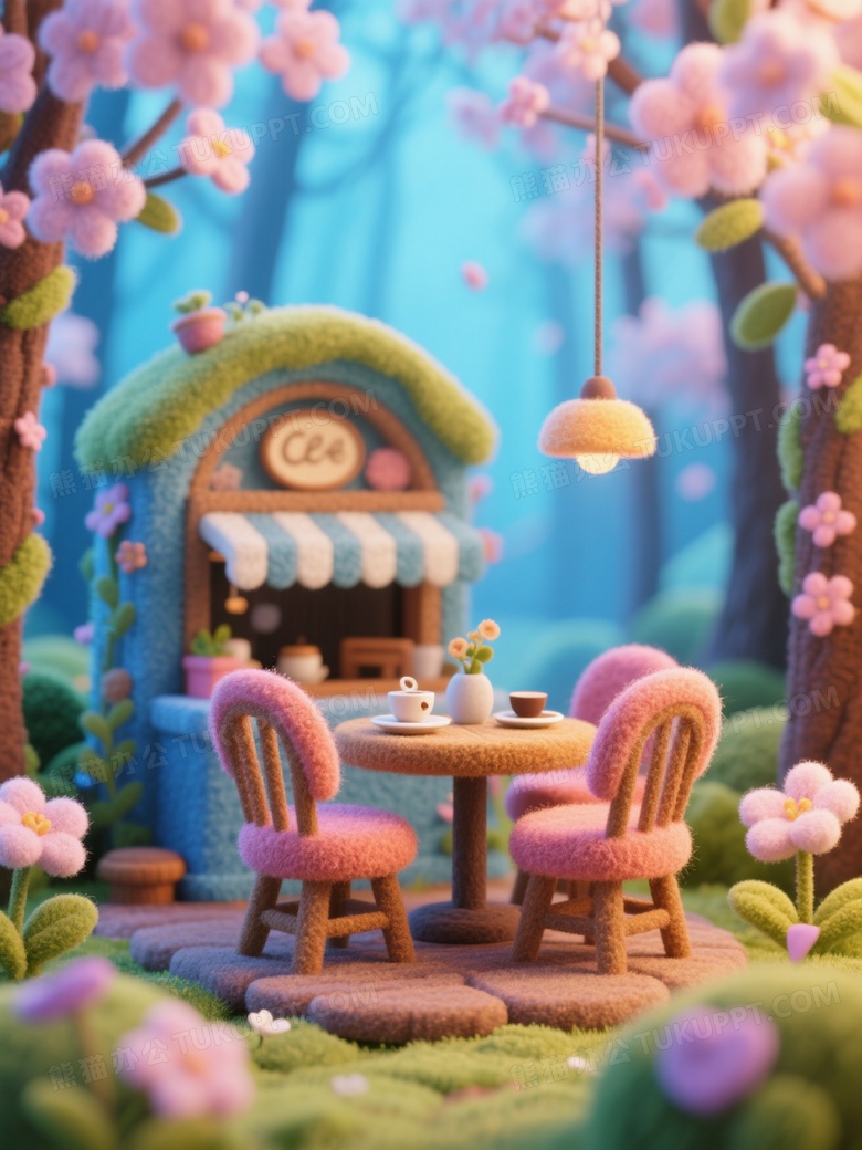 毛毡风格春天的森林咖啡馆