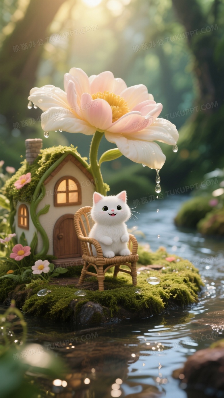 微观摄影奇幻森林一只拟人化的白色小猫