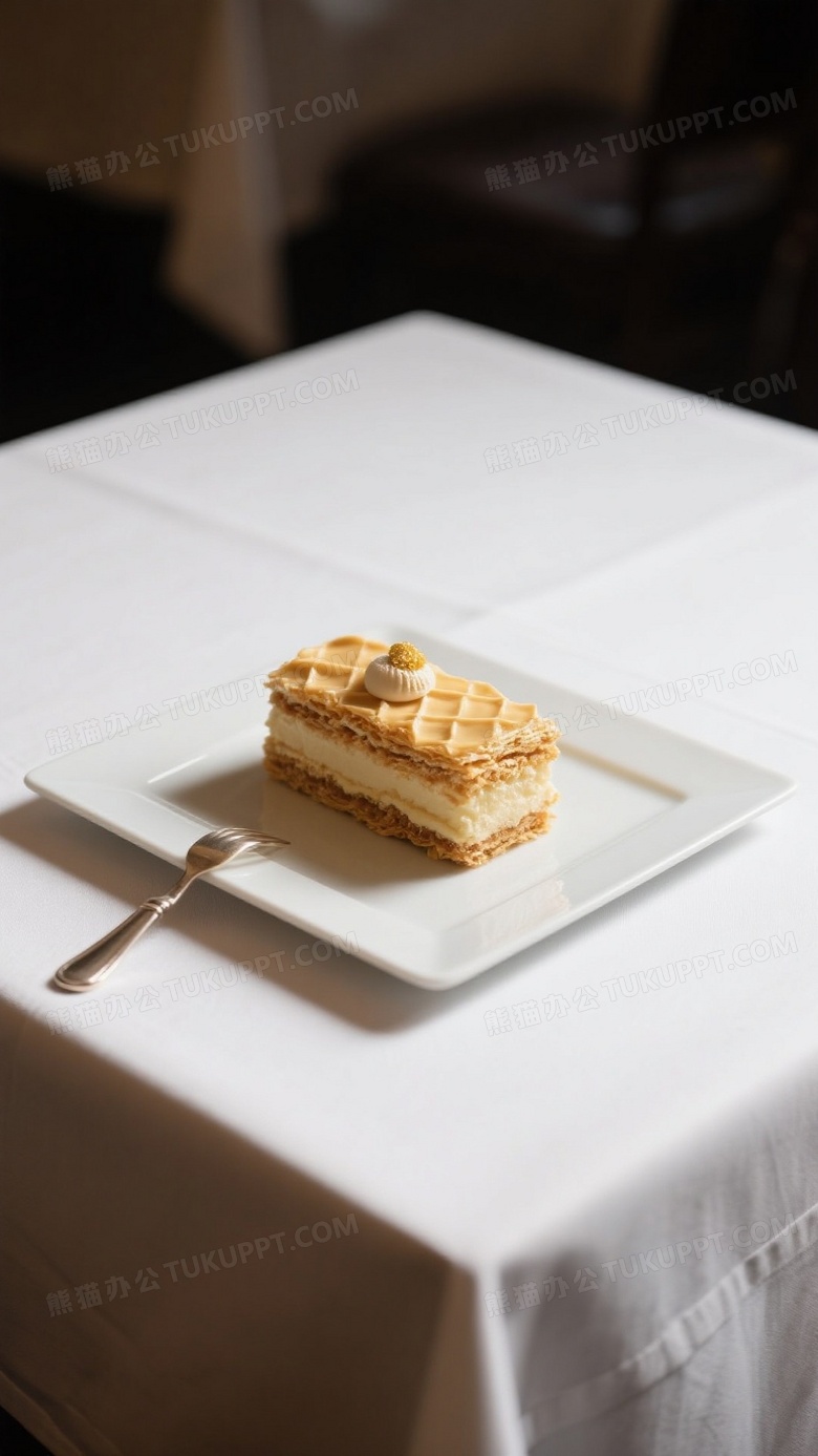 米其林星级餐厅方桌上的拿破仑蛋糕