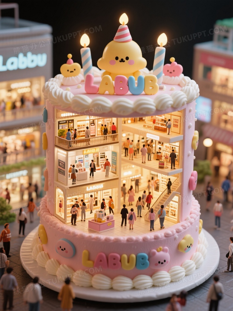 微观摄影一个超大的LABUBU主题生日蛋糕