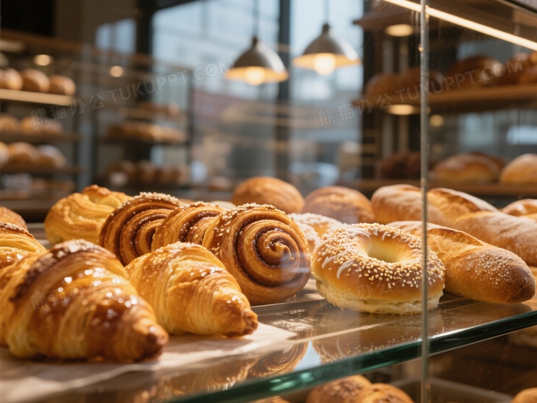 面包店玻璃柜台特写陈列着金黄可颂