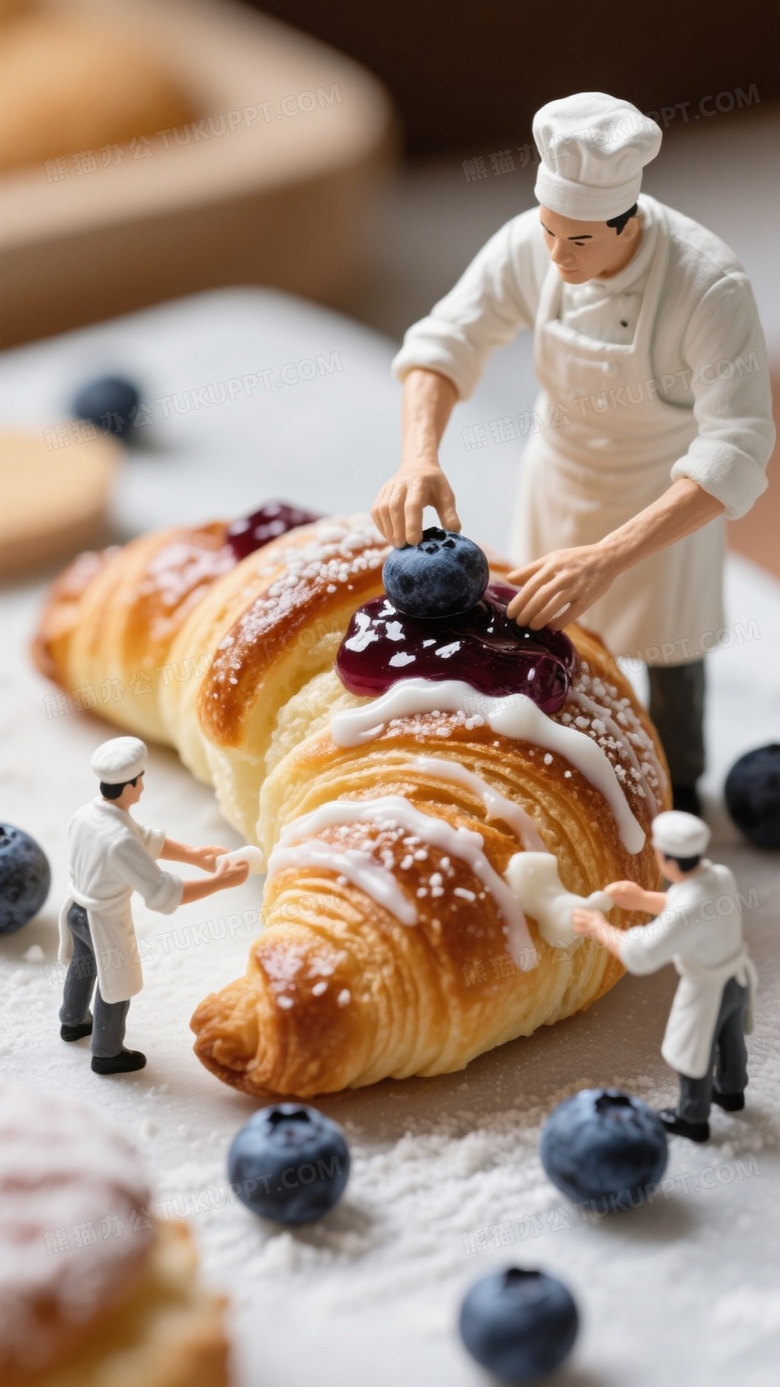 微型面点师正在制作一个巨大的羊角面包