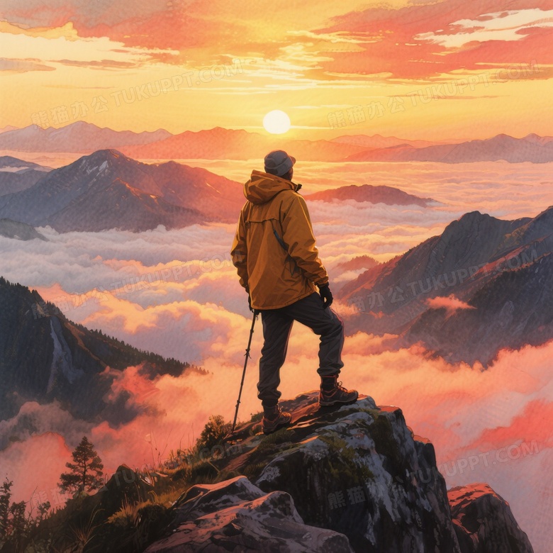 黄昏时分登山者登顶远眺