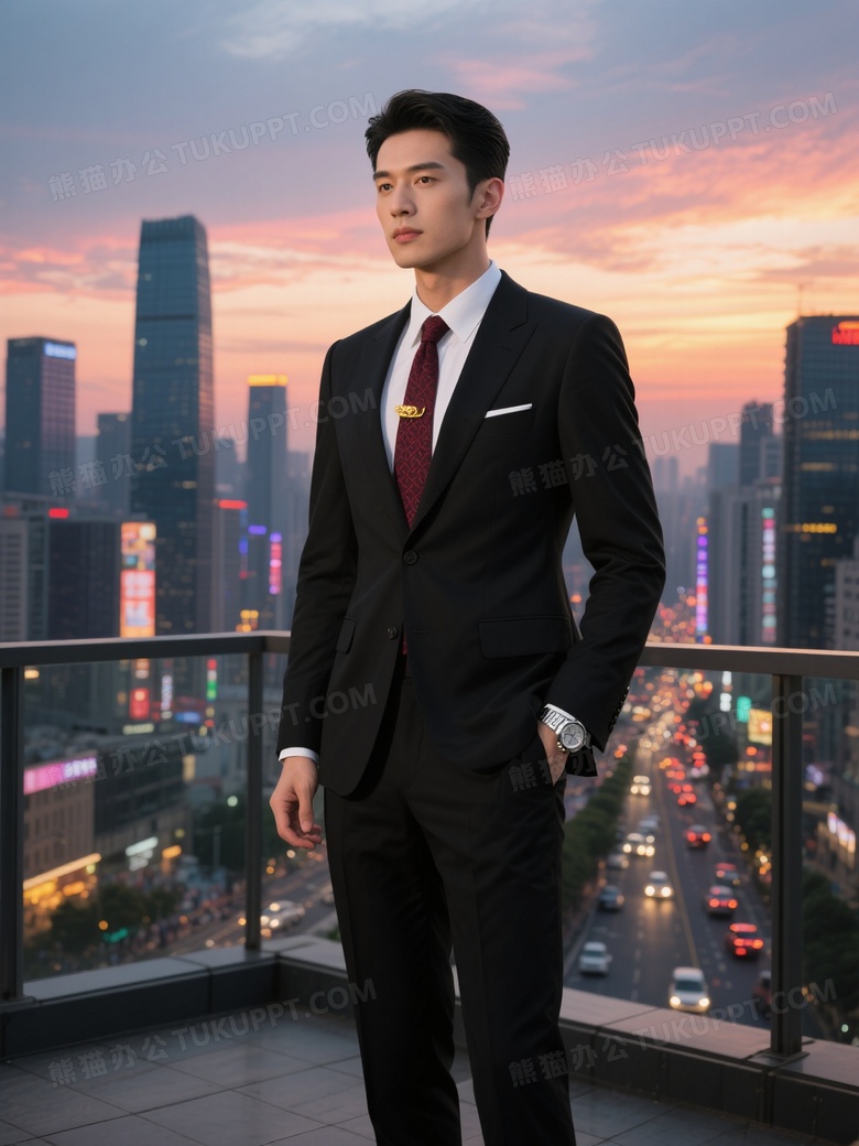 一位气宇轩昂的西装男站在宽敞的露台上