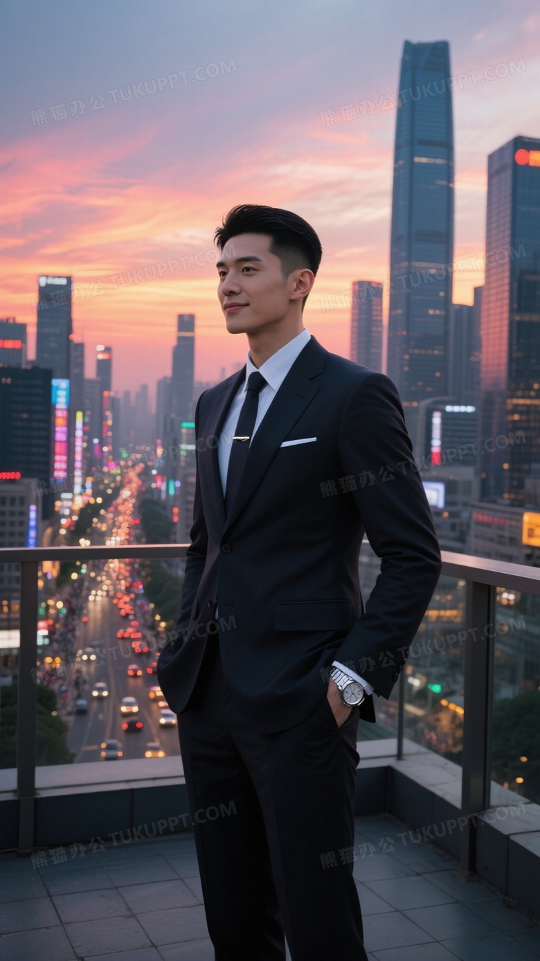 经典人像摄影作品一位25岁成功男人站在宽敞的露台上