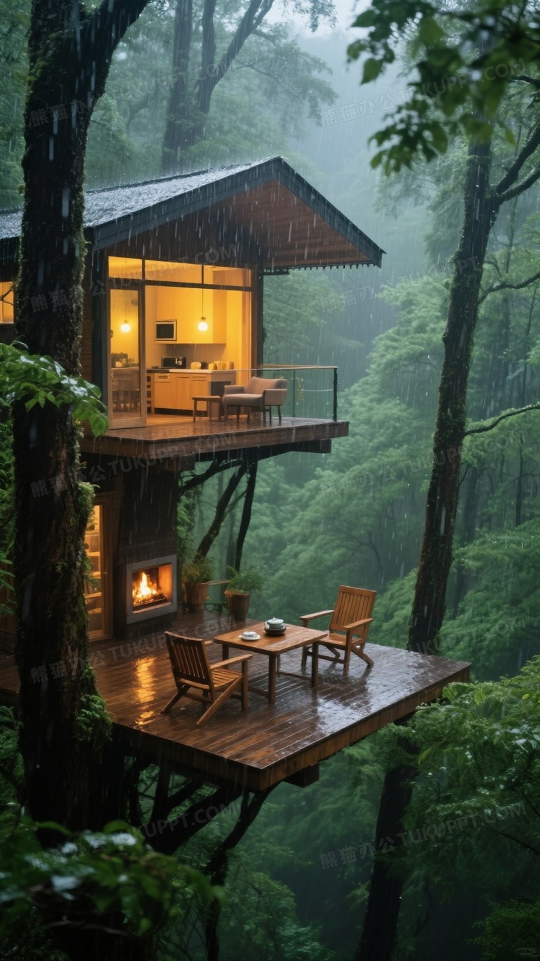 高空树屋树屋外有一个露台