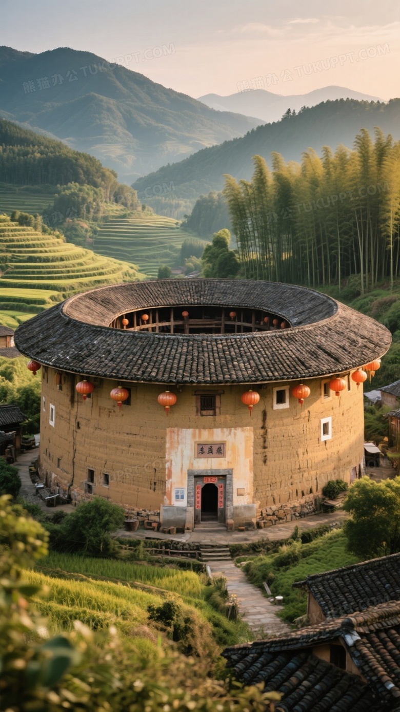 巨大圆形客家土楼矗立在群山梯田间