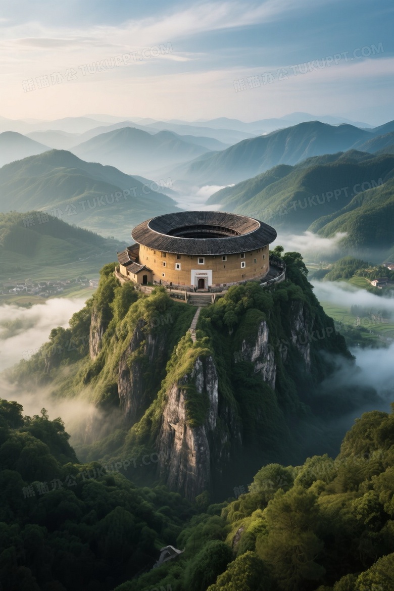 超现实主义摄影俯角画面中部为一座秀丽山峰