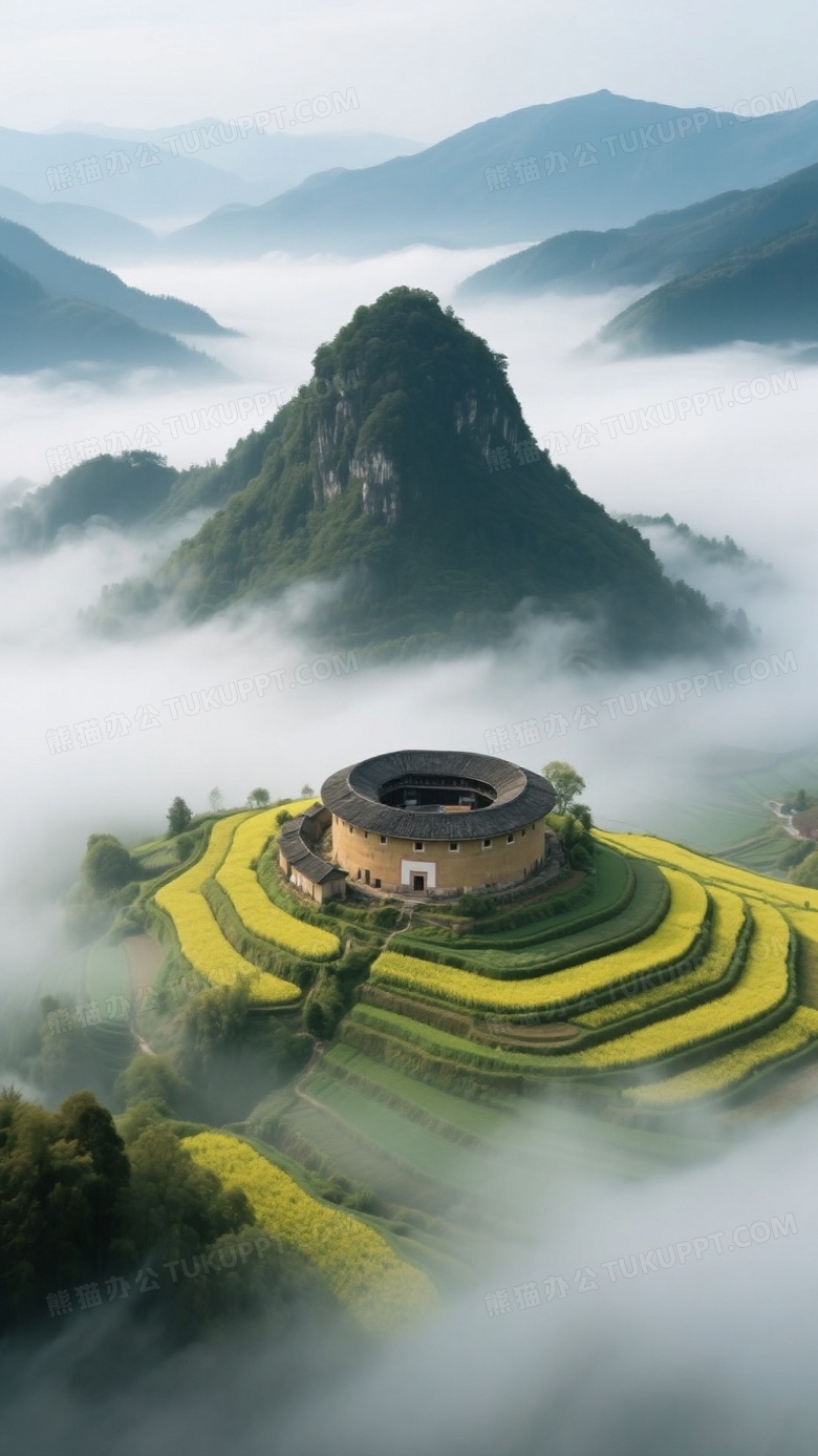 超现实主义摄影俯角画面中部为一座秀丽山峰