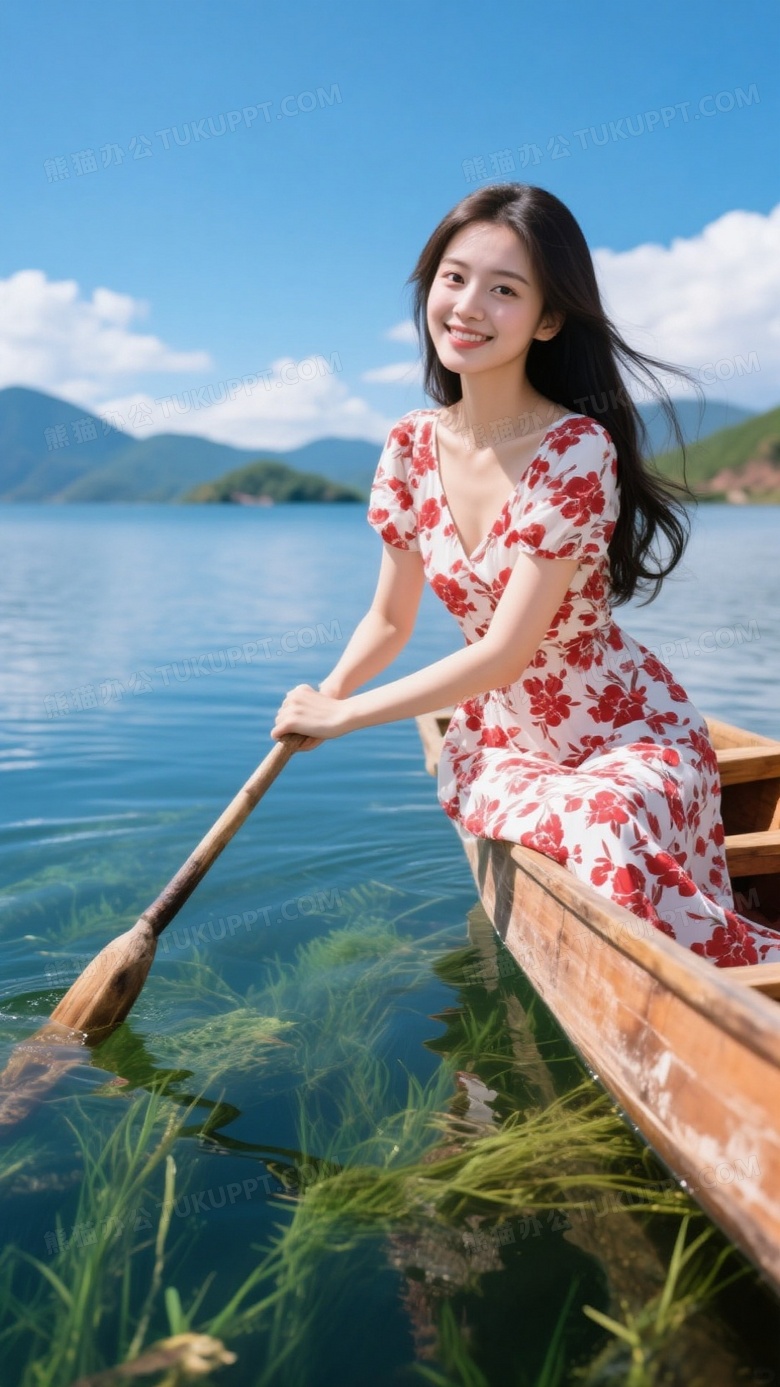 泸沽湖蓝天白云湖水清澈见底