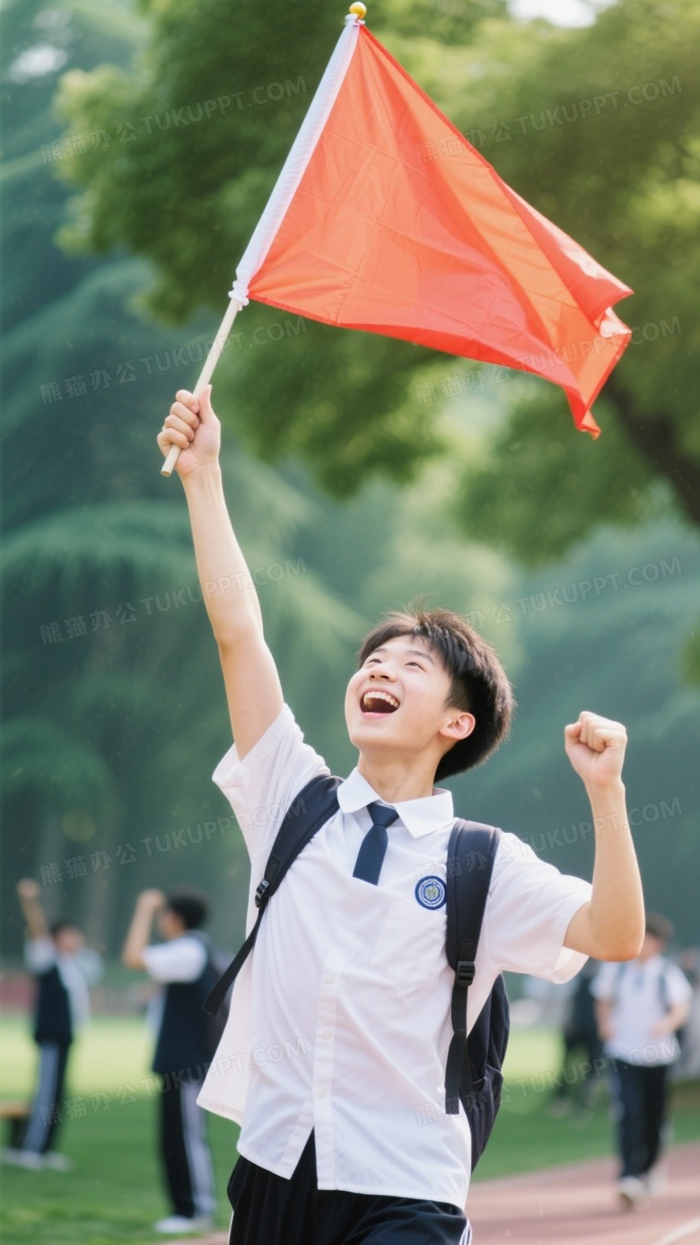 一个学子高举胜利旗子