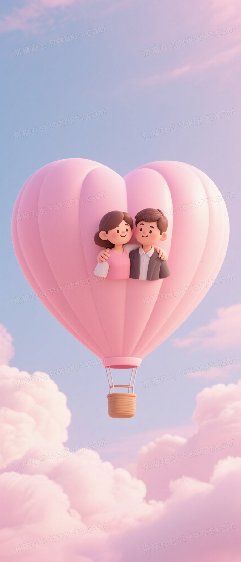 浪漫粉色的天空有一个爱心形状的浅粉色热气球