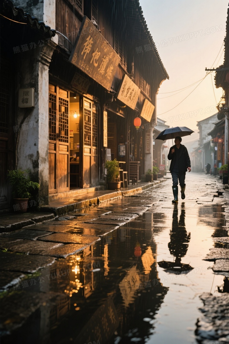 街景广角拍摄雨后老街