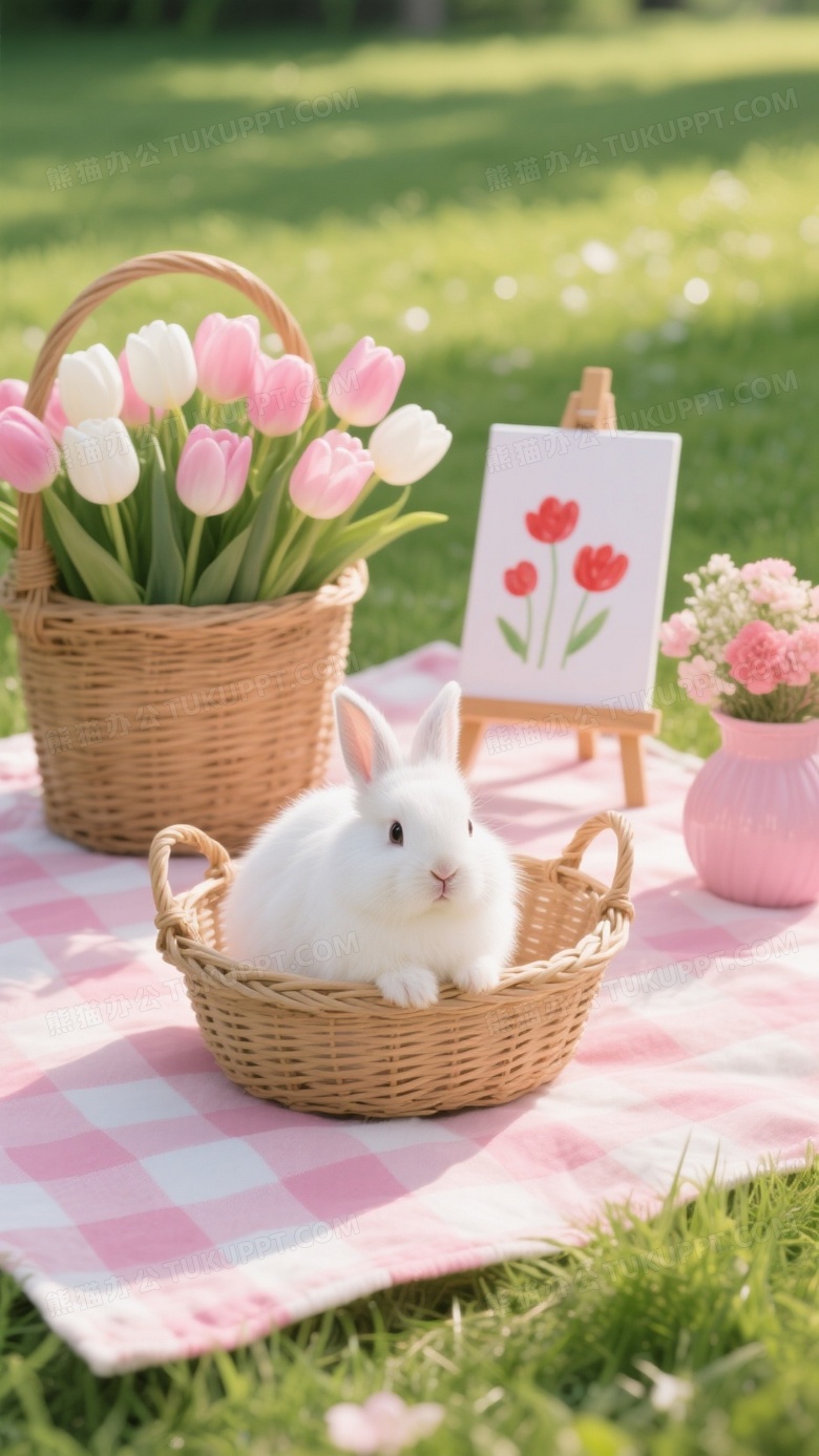 画面中一只白色的毛茸茸的小兔子安静地坐在一个编织篮子里