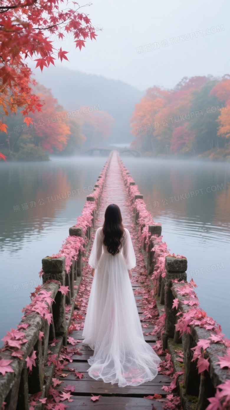 一座覆盖着粉红色枫叶的石桥通向一望无际的湖泊的另一侧