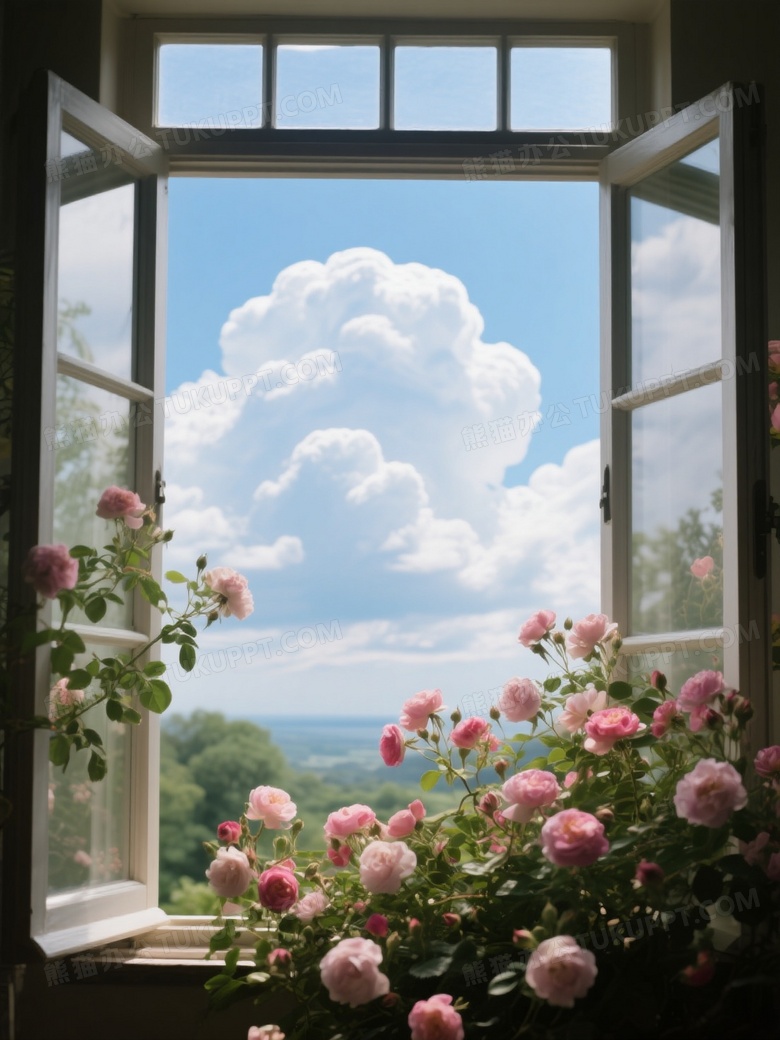 前景是蔷薇花中景窗框