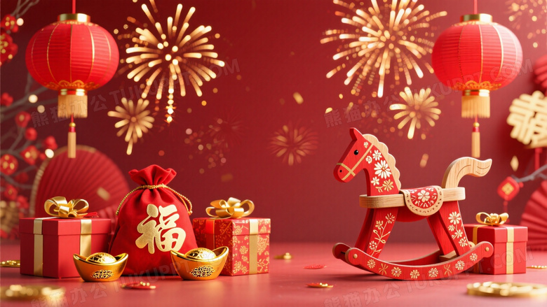中国新年主题场景背景为大红色