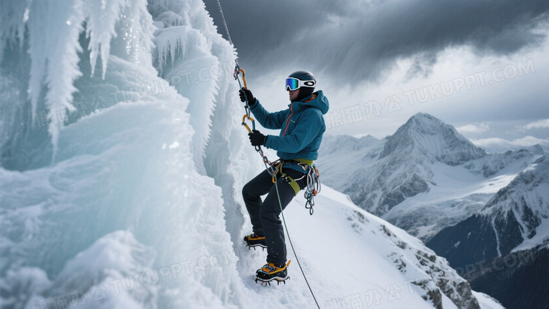 巅峰攀登商务视觉图单人登山者使用专业攀登器械挑雪山冰壁