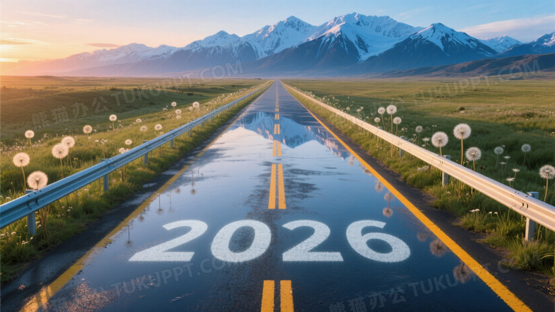 未来感公路视觉大片双黄线延伸至地平线的雪山群