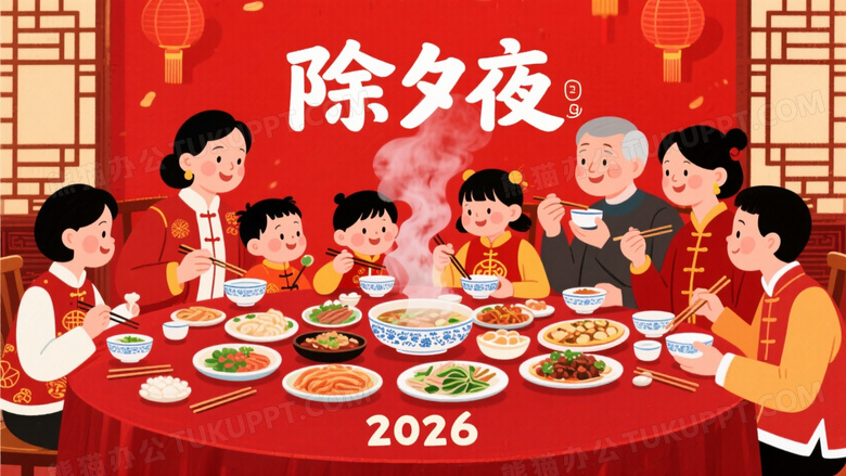 画面展现除夕合家欢乐的场景