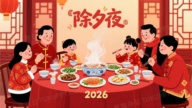 画面展现除夕合家欢乐的场景
