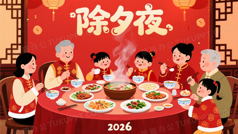 画面展现除夕合家欢乐的场景