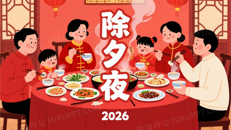 画面展现除夕合家欢乐的场景