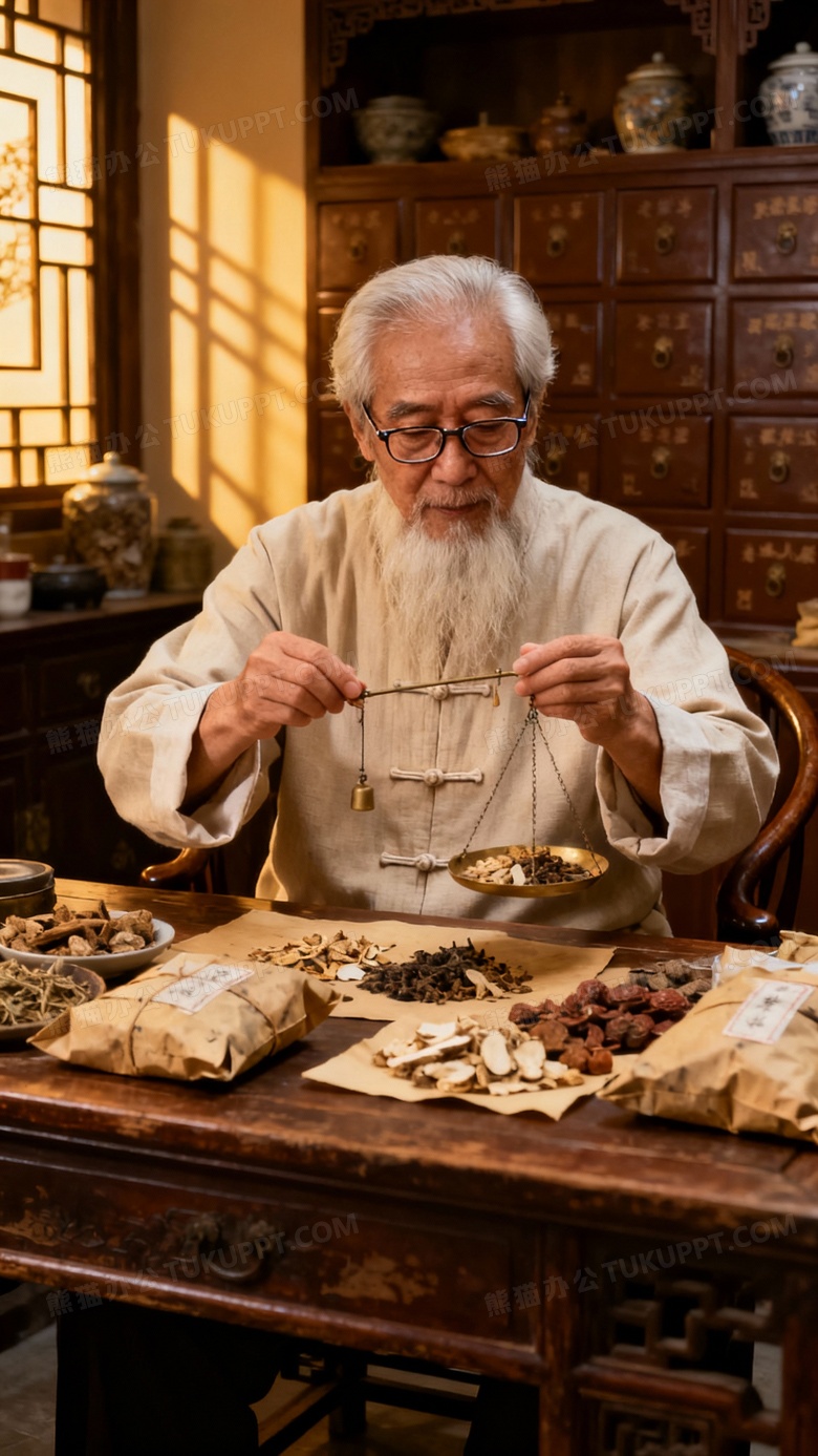 以写实摄影风格展现资深老中医在棕色药房开药方的场景