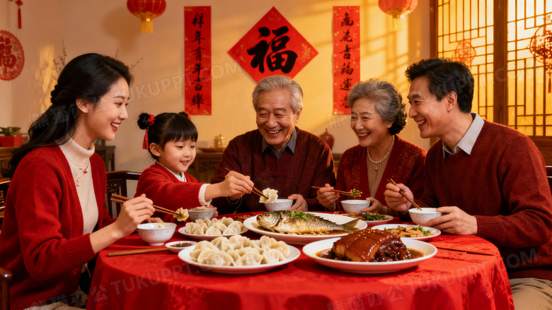 一家人一起吃年夜饭喜气洋洋