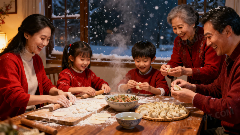 冬至一家人一起在包饺子