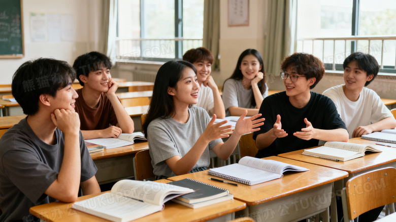 一群大学生在教室里聊天