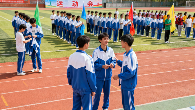 大学生在操作集合准备开运动会