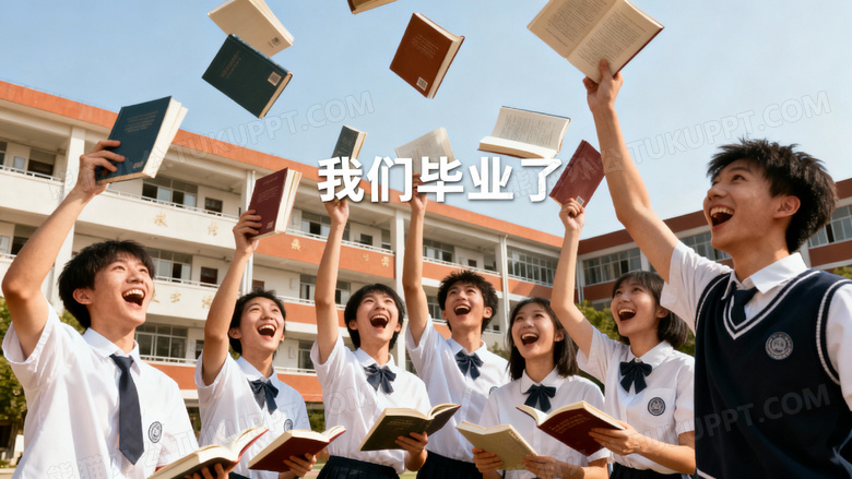群高中毕业生拿着书本在扔向高空