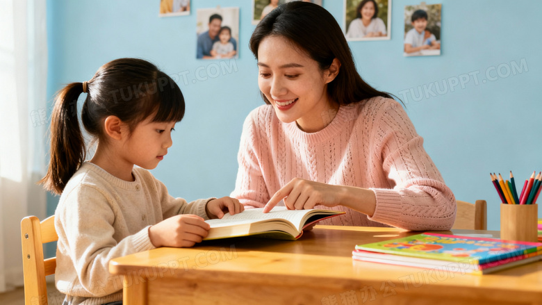 一个美女妈妈在教小孩读书