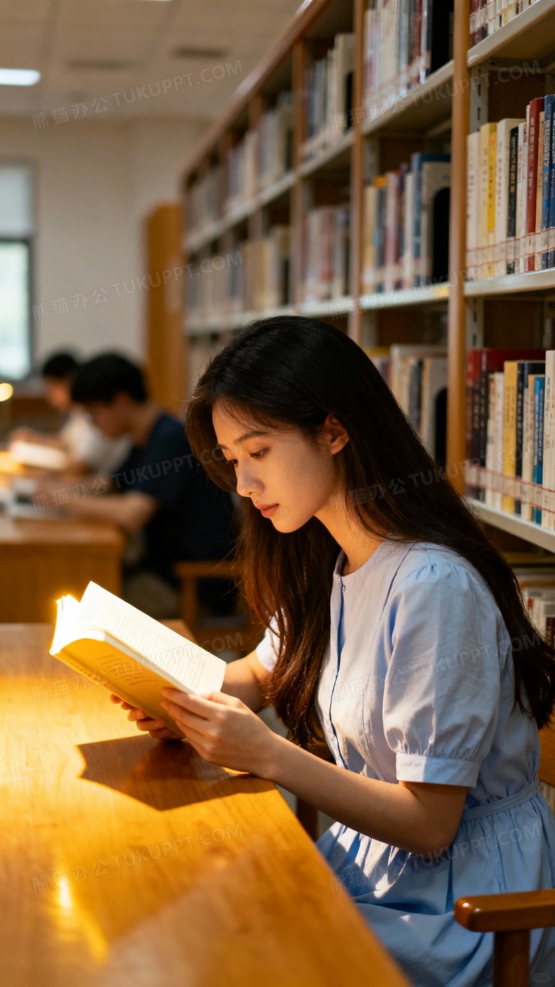一个非常漂亮的美女在读书馆看书