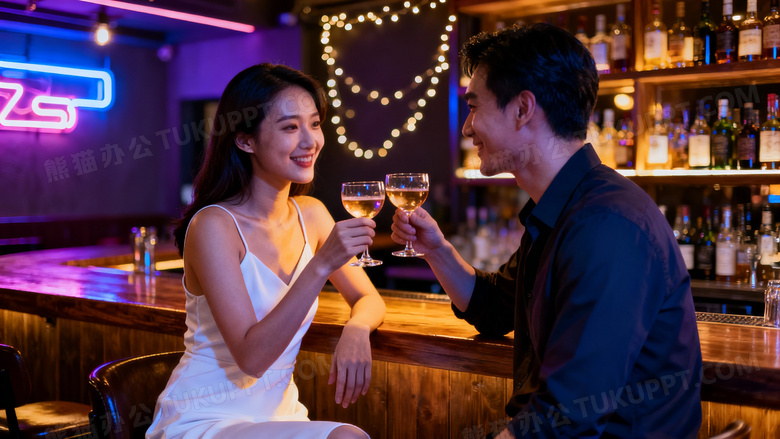 1个美女和一个帅哥在酒吧喝酒的图片