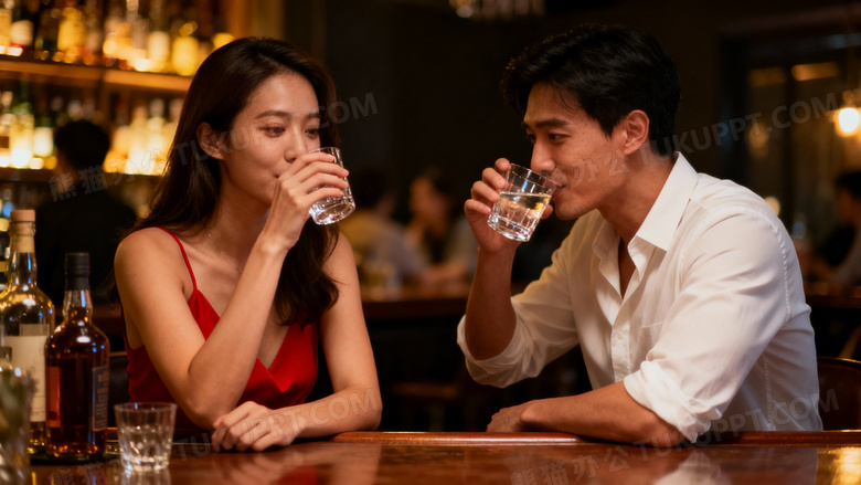 1个美女和一个帅哥在酒吧喝酒的图片