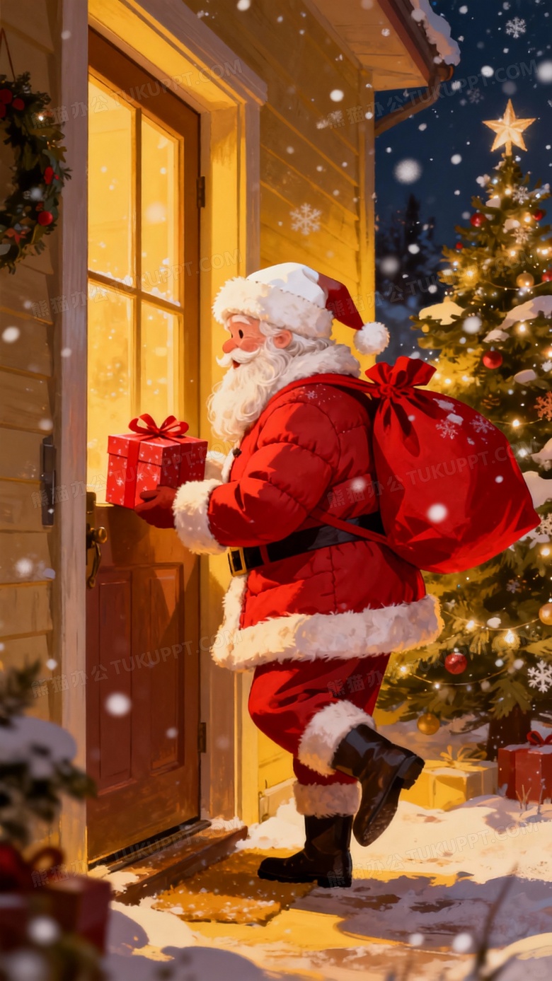 圣诞老人圣诞节偷偷门口给送礼物