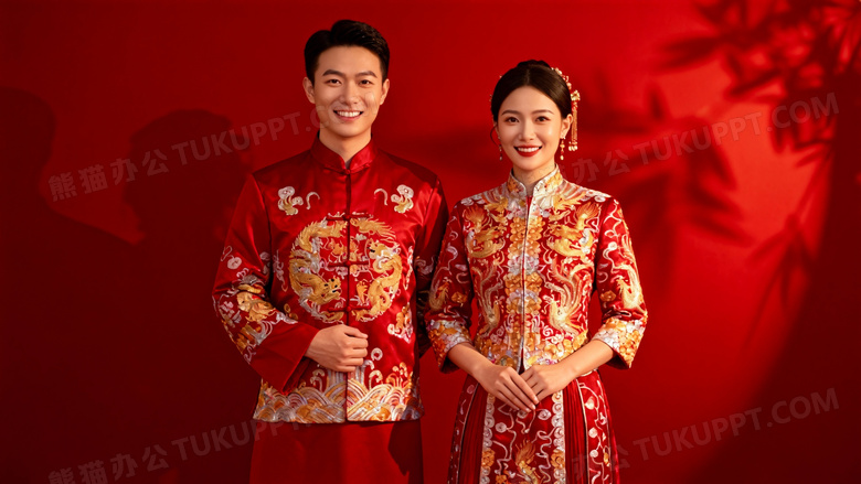 两人婚纱照红色中式礼服