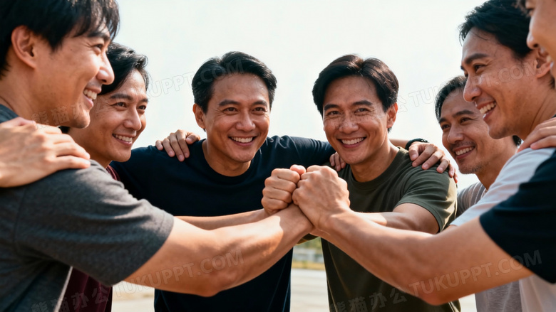 一群人相互加油打气的照片