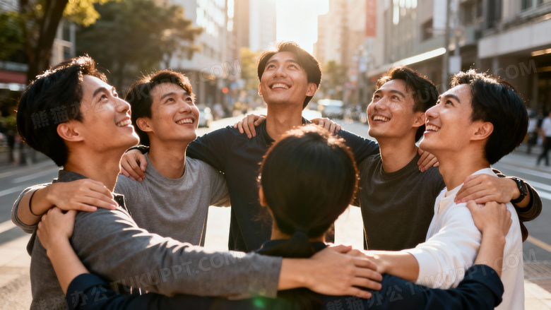 一群人相互加油打气的照片