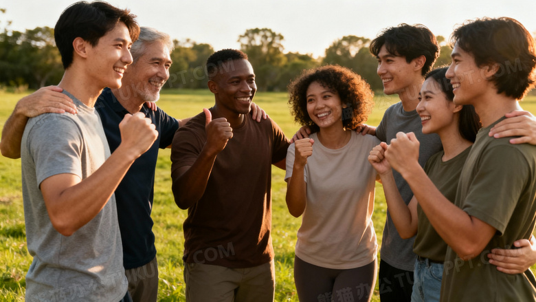一群人相互加油打气的照片