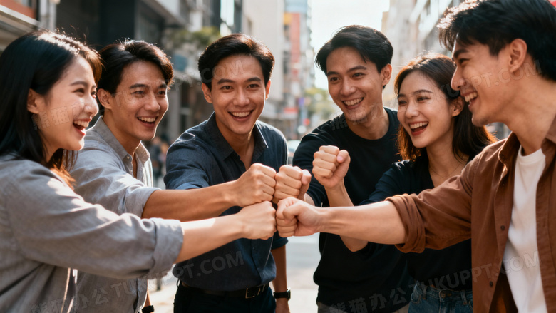 一群人相互加油打气的照片