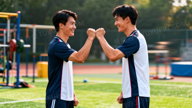 2个男人相互加油打气的照片